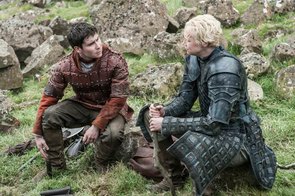 Daniel Portman as Podrick Payne and Gwendoline Christie as Brienne of Tarth – photo Helen Sloan /HBO