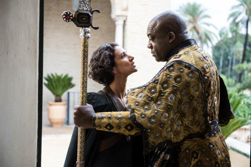 Indira Varma as Ellaria Sand and Deobia Opaeri as Areo Hotah– photo Macall B. Polay/HBO