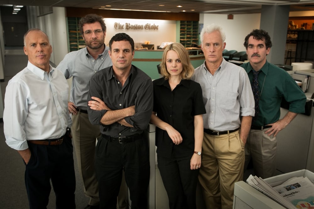 Michael Keaton, Liev Schreiber, Mark Ruffalo, Rachel McAdams, John Slattery y Brian d'Arcy James en 'Spotlight'. © 2015 - Open Road Films
