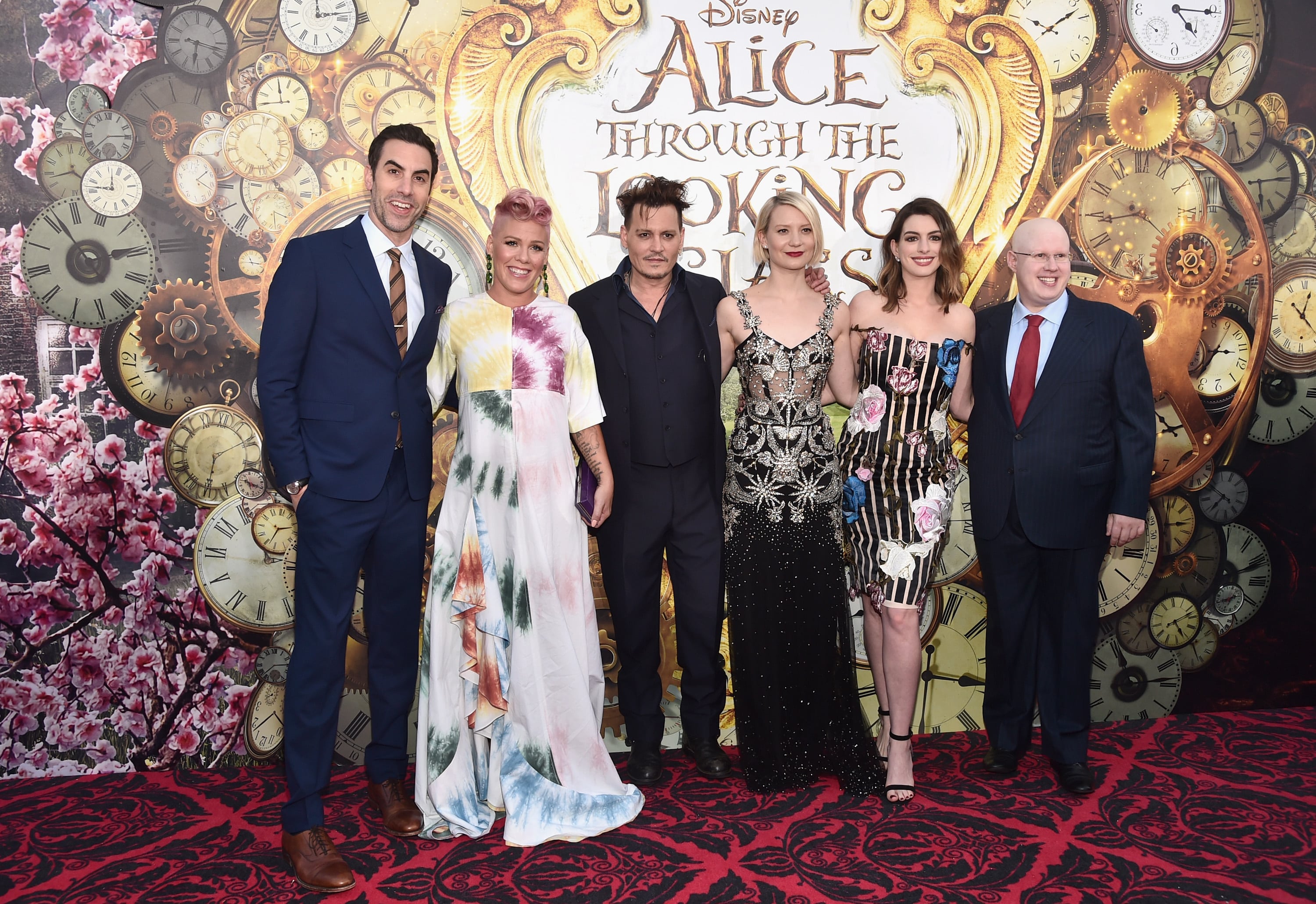 HOLLYWOOD, CA - MAY 23: (L-R) Actor Sacha Baron Cohen, singer-songwriter P!nk, actors Johnny Depp, Mia Wasikowska, Anne Hathaway and Matt Lucas attend Disneys 'Alice Through the Looking Glass' premiere with the cast of the film, which included Johnny Depp, Anne Hathaway, Mia Wasikowska and Sacha Baron Cohen at the El Capitan Theatre on May 23, 2016 in Hollywood, California. (Photo by Alberto E. Rodriguez/Getty Images for Disney) *** Local Caption *** Sacha Baron Cohen; Alecia Beth Moore; Johnny Depp; Mia Wasikowska; Anne Hathaway; Matt Lucas