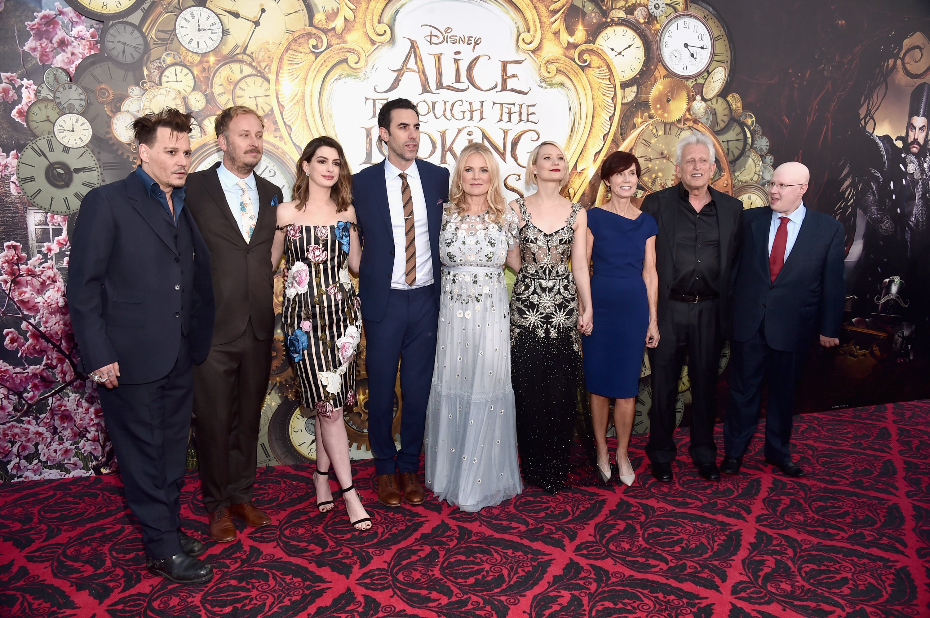 HOLLYWOOD, CA - MAY 23: (L-R) Actor Johnny Depp, director James Bobin, actors Anne Hathaway, Sacha Baron Cohen, producer Suzanne Todd, Mia Wasikowska, screenwriter Linda Wollverton, producer Joe Roth and actor Matt Lucas attend Disneys 'Alice Through the Looking Glass' premiere with the cast of the film, which included Johnny Depp, Anne Hathaway, Mia Wasikowska and Sacha Baron Cohen at the El Capitan Theatre on May 23, 2016 in Hollywood, California. (Photo by Alberto E. Rodriguez/Getty Images for Disney) *** Local Caption *** Johnny Depp; James Bobin; Anne Hathaway; Sacha Baron Cohen; Suzanne Todd; Mia Wasikowska; Linda Wolverton; Joe Roth; Matt Lucas