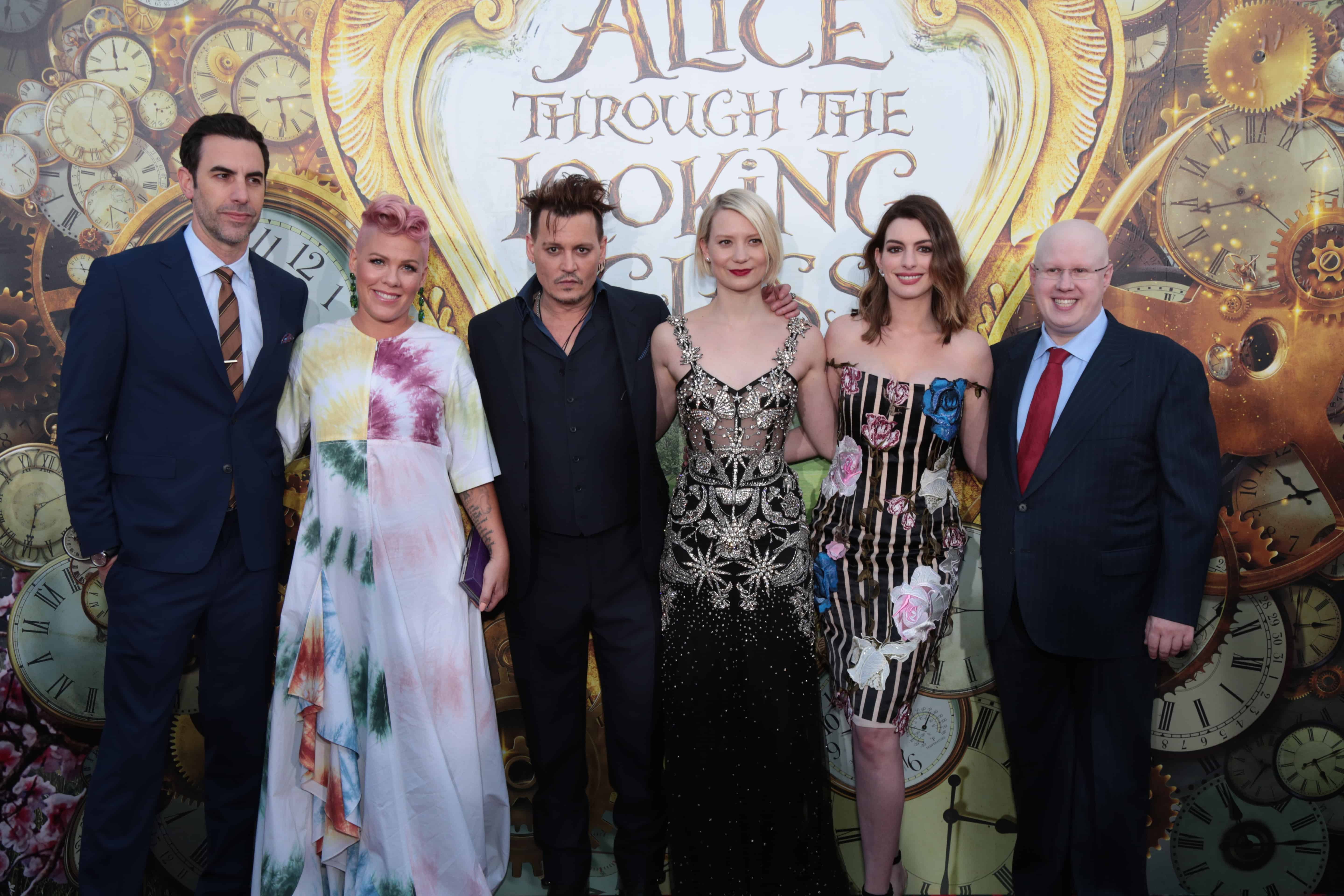 Sacha Baron Cohen, Pink, Johnny Depp, Mia Wasikowska, Anne Hathaway and Matt Lucas pose together at The US Premiere of Disney's "Alice Through the Looking Glass" at the El Capitan Theater in Los Angeles, CA on Monday, May 23, 2016. (Photo: Alex J. Berliner/ABImages)