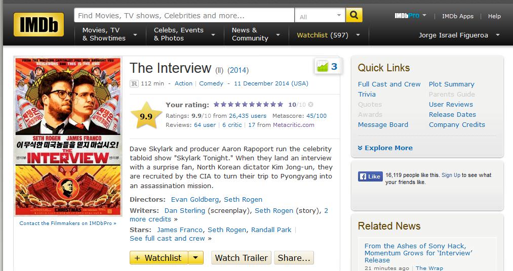 The Interview tuvo 10/10 en IMDB por unos minutos