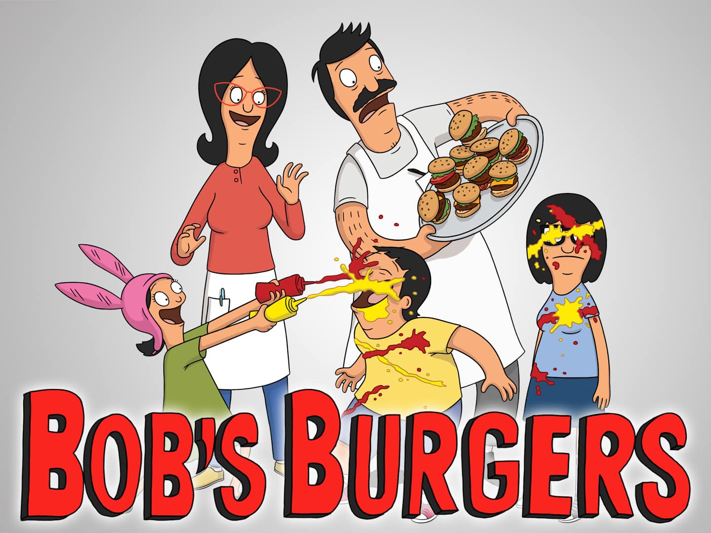 Imagen promocional de Bob's Burgers, parte de las series de FOX y Animation Domination. Bob's Burgers celebró su Episodio #100 con una gran fiesta, invitados y la grabación del episodio 100 en vivo. Bob's Burgers es creado por Loren Bouchard y estelarizado por H. Jon Benjamin, Dan Mintz, Eugene Mirman, John Roberts, Kristen Schaal, Larry Murphy, Laura Silverman, Sarah Silverman, Kevin Kline y Andy Kindler.