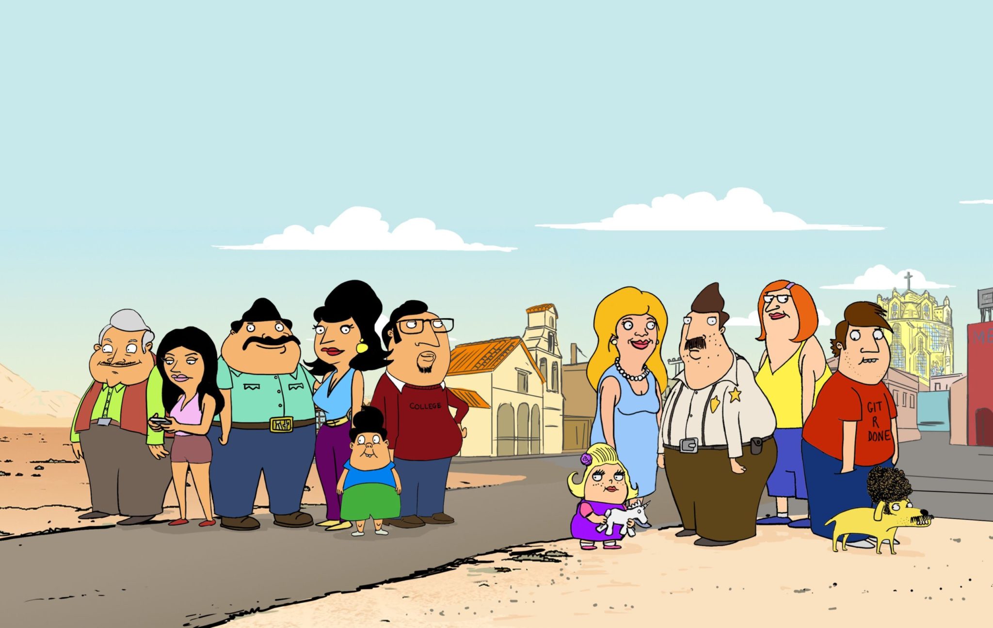 Imagen promocional de Bordertown, nuevo show animado de Seth MacFarlane para FOX. Bordertown cuenta la historia de 1 inmigrante y un policía fronterizo y sus vidas como vecinos. Entre el reparto están Seth MacFarlane, Alex Bornstein, Missi Pyle, Judah Friedlander y Nicholas Gonzalez.