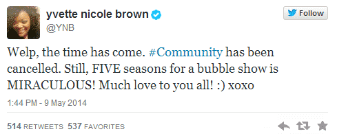 Tweet de Yvette Nicole Brown, de Community de NBC