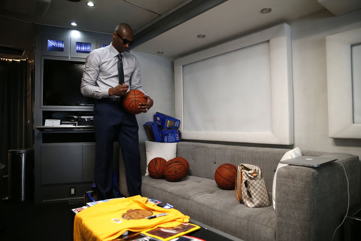 Kobe Bryant on set for a Ghostbusters commercial on April 29, 2016 in Los Angeles. (Photo by Jed Jacobsohn for the Players' Tribune)