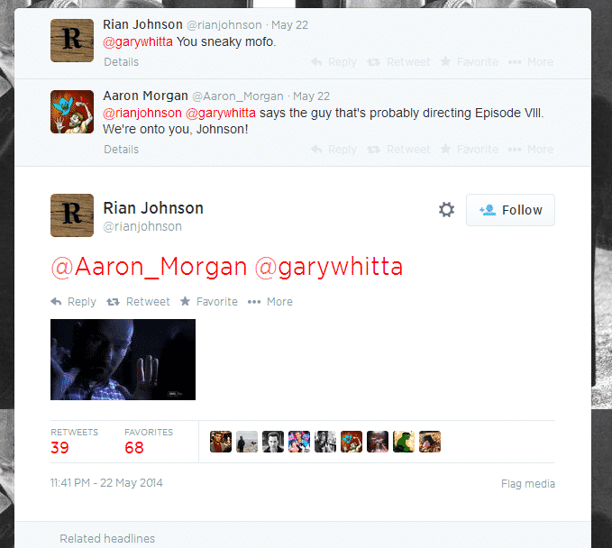 Conversación en Twitter entre Rian Johnson (director de Looper), y Aaron Morgan y Gary Whitta (escritores del nuevo Spin-off de Star Wars).