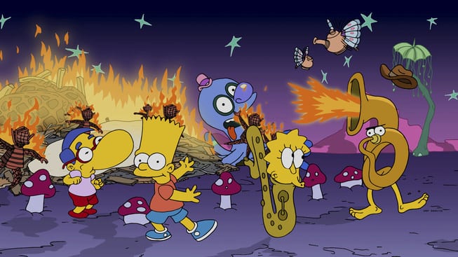 Imagen promocional de 'Blazed and Confused' donde parodiarán Burning Man con William Dafoe. Los Simpsons nos presentan las primeras imágenes de su nuevo episodio donde parodiarán Burning Man con William Dafoe como invitado. 'Blazed and Confused' será el 7mo episodio de esta temporada 26 de los Simpsons, estelarizado por Dan Castellaneta, Julie Kavner, Nancy Cartwright, Yeardley Smith, Hank Azaria y Harry Shearer, además de Willem Dafoe como invitado.