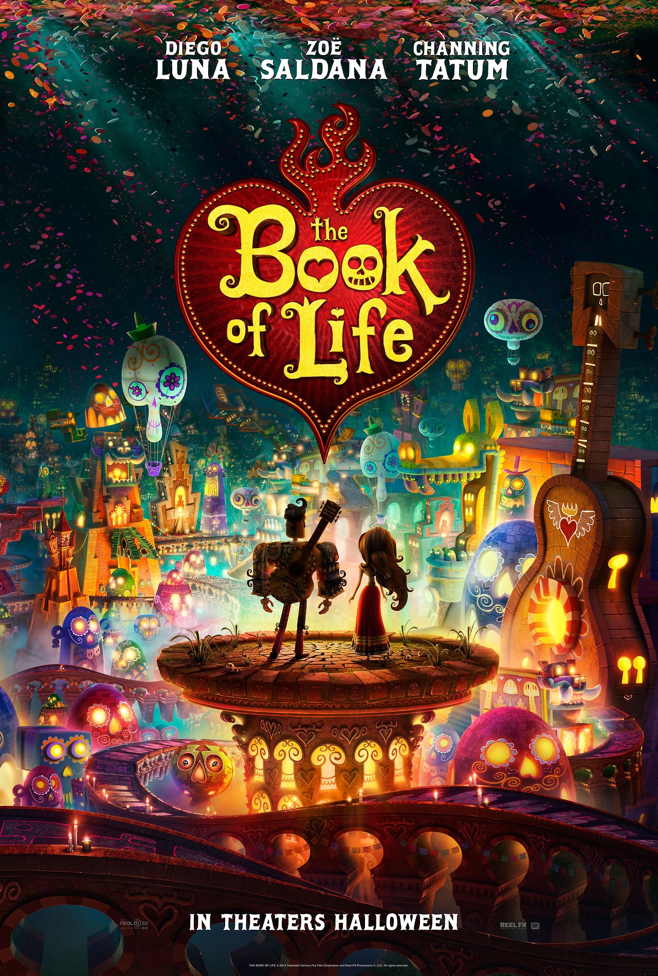 Poster oficial de The Book of Life, dirigida por Jorge R. Gutierrez y producida por Guillermo del Toro, esto para 20th Century Fox y Fox Animation Studios.